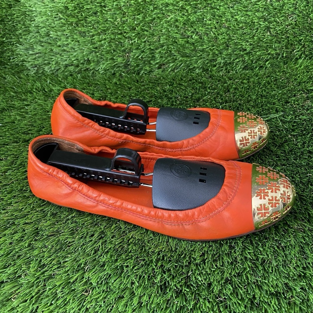 Tory Burch Cami Mestico Ballet Flats Women's Tiger Lily Orange Gold Toe Size 8.5